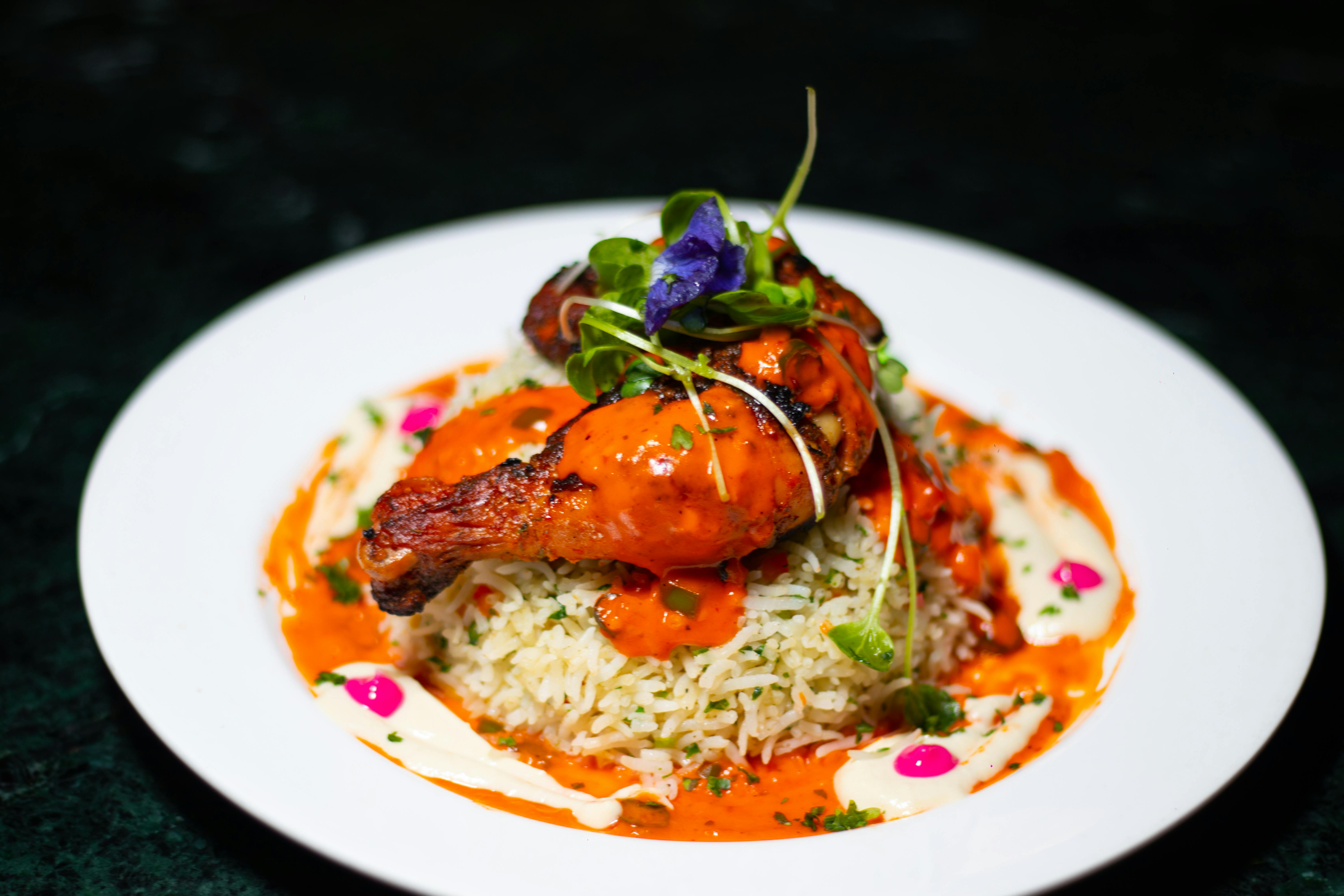 Grilled chicken breast with brown rice, spinach, broccoli, asparagus